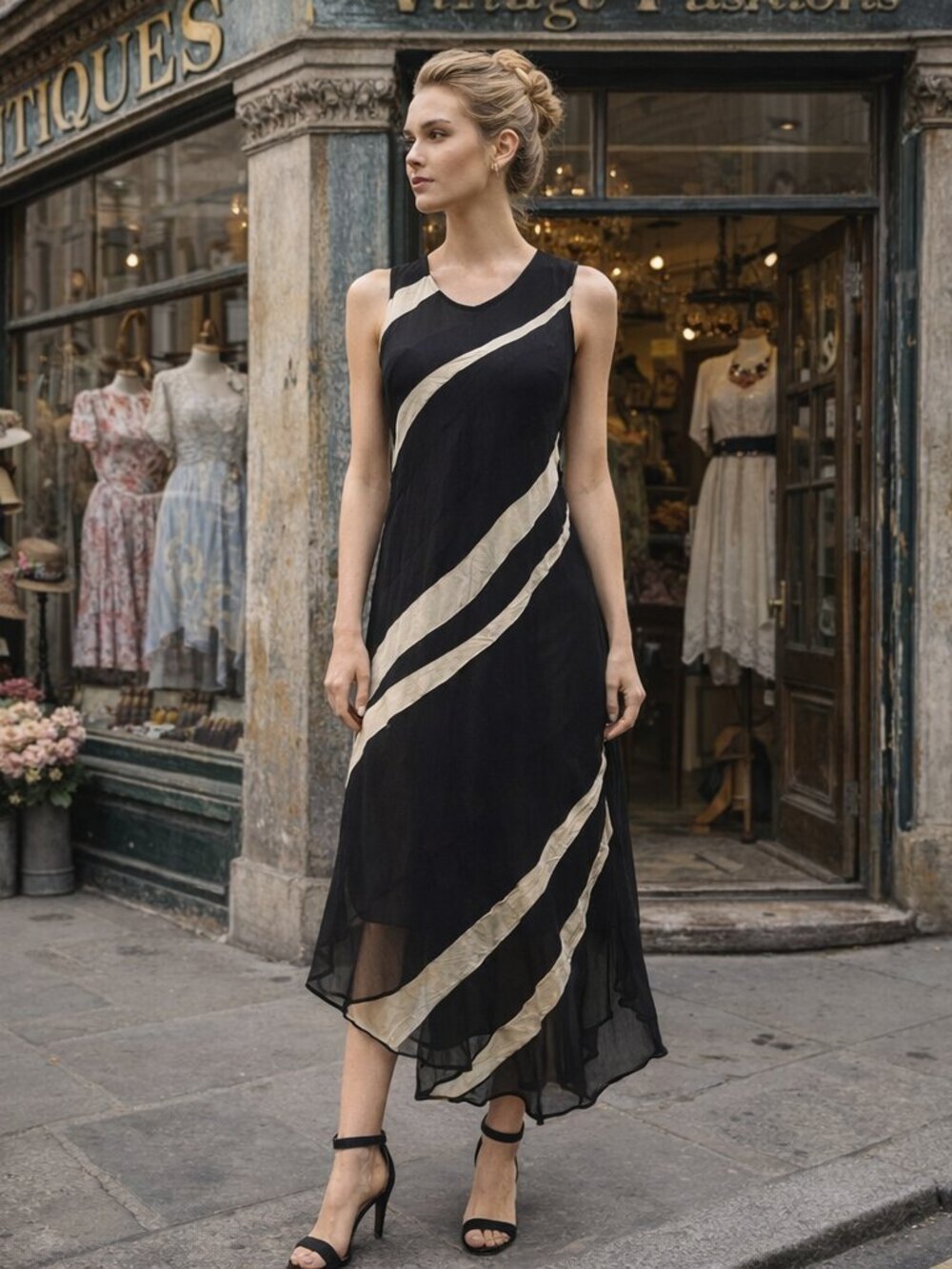 DINAH LEE Vtg Asymmetric Black Sleeveless Abstract Lined Dinner Dress Preowned
